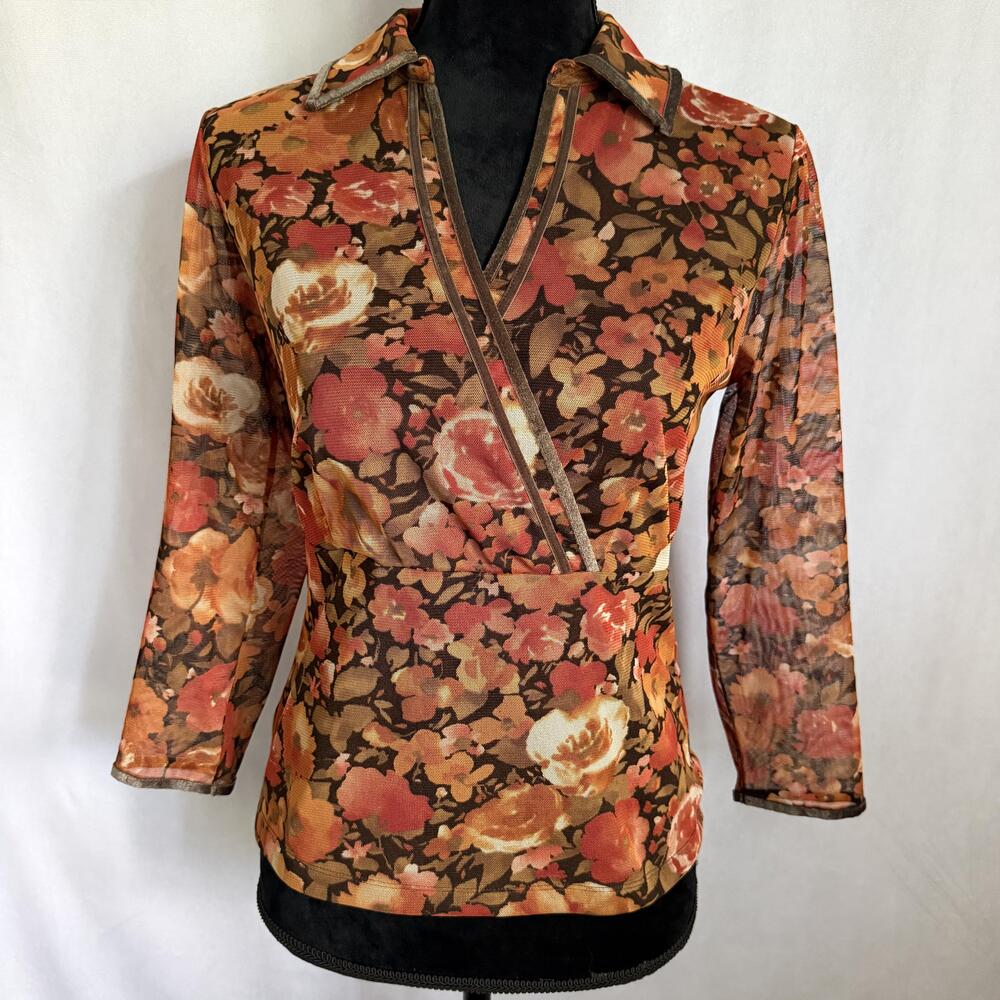 Nine West Blouse Womens M Floral Mesh Sheer Long Sleeve Retro Y2K Velvet Trim